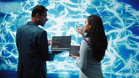 Workers using artificial intelligence deep learning to look at data Stock Photos