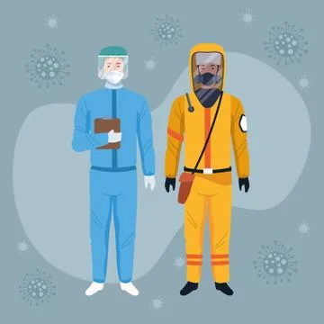 Workers using blue and yellow protection virus suits characters Illustrazione stock