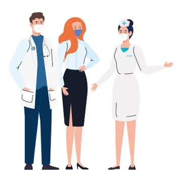 Workers using face mask during covid 19 on white background Illustrazione stock