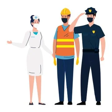 Workers using face mask during covid 19 on white background Illustrazione stock