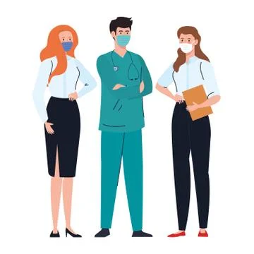 Workers using face mask during covid 19 on white background Illustrazione stock