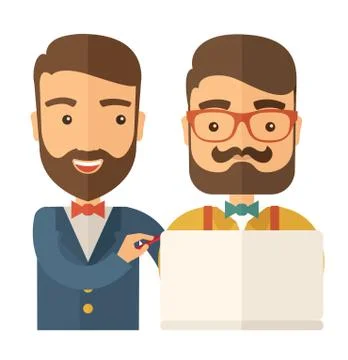 Workers using laptop with windmills Illustrazione stock