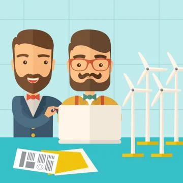 Workers using laptop with windmills Illustrazione stock