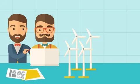 Workers using laptop with windmills Illustrazione stock