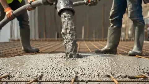 Workers Using Large Hose to Pour Concrete at Site. Stock Footage 317800963