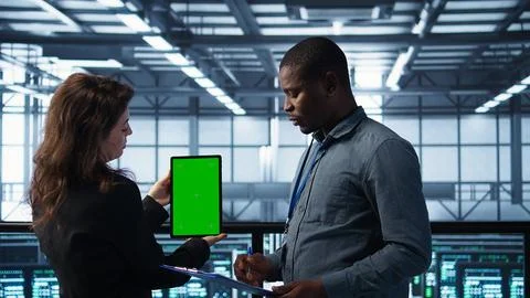 Workers using mockup device in server room, checking infrastructure reliability 库存照片