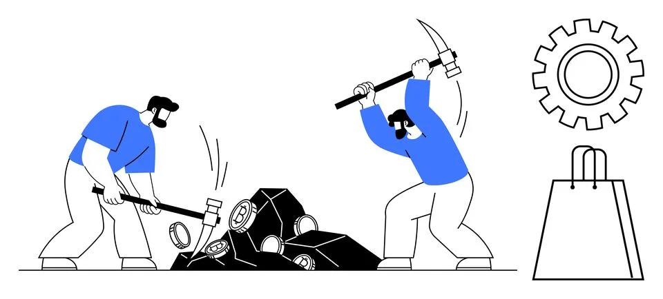 Workers using sledgehammer and pickaxe to break rocks with gear and shopping  Illustrazione stock