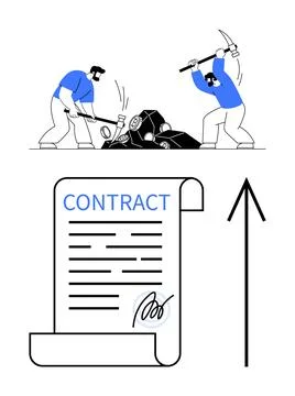 Workers Using Sledgehammers to Break Rocks Above a Signed Contract Document.. Illustrazione stock