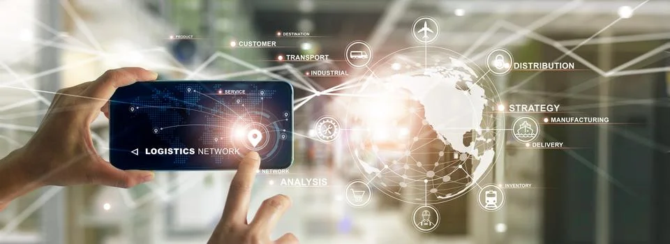 Workers using smartphone cargo and tracking delivery with a mobile phone Fotos Stock