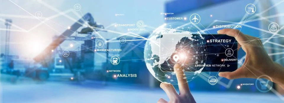 Workers using smartphone cargo freight loading and tracking delivery 스톡 사진