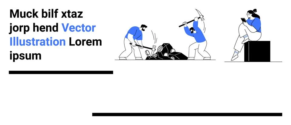 Workers using tools to break rocks, while one person sits on a crate using .. Illustrazione stock