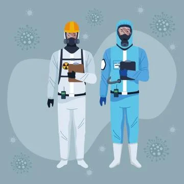 Workers using white and blue protection virus suits characters Illustrazione stock