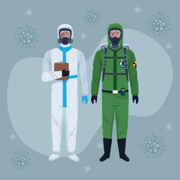 Workers using white and green protection virus suits characters Illustrazione stock