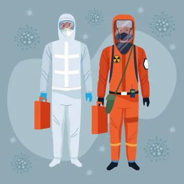 Workers using white and orange protection virus suits characters Illustrazione stock
