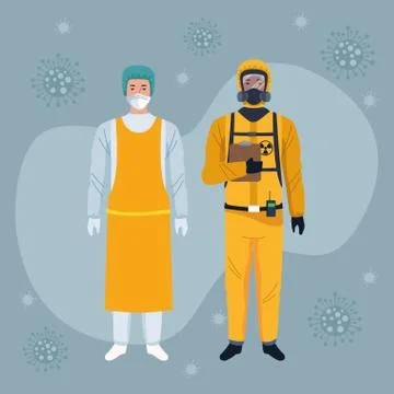 Workers using yellow protection virus suits characters Illustrazione stock