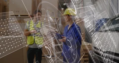 Workers walking with clipboard and scanning in warehouse Stock Footage 327847982