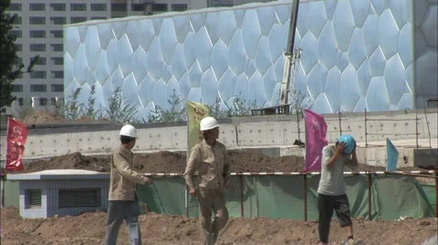 Workers at Water Cube construction, Beijing Stock Footage 56590742