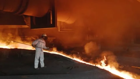 Workers wear high-temperature protective clothing to work at the blast furnace   스톡 동영상 130884621