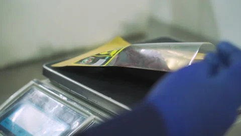 Workers weigh meat snacks at a meat factory. Meat food, meat factory, working Vidéo 131857154