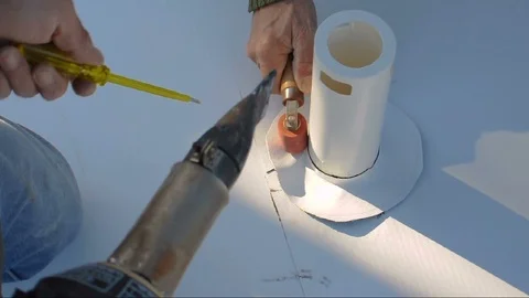 Workers weld the edges of thermoplastic polyolefin (TPO) Stock Footage 97918330