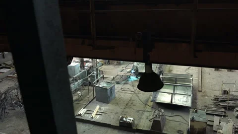 Workers Welding Large Steel Structures Inside Industrial Workshop Stock Footage 340503495