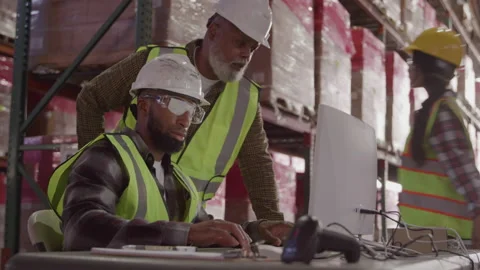 Workers Work At Computer In Warehouse Stock Footage 222008777