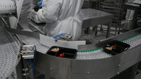 Workers work at packing machine at ready-made food factory. Automated production Stock Footage 165284896