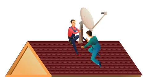 Workers work on roof. Two workers install a satellite dish on the roof. Antenna Stock Illustration