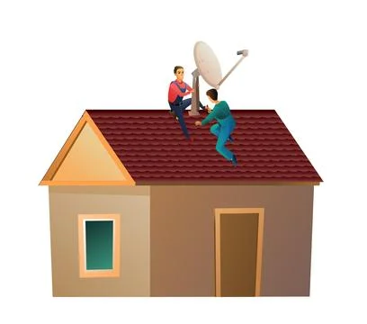 Workers work on roof. Two workers install a satellite dish on the roof. Ant.. Stock Illustration
