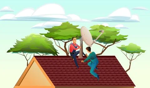 Workers work on roof. Two workers install a satellite dish on the roof. Antenna Stock Illustration