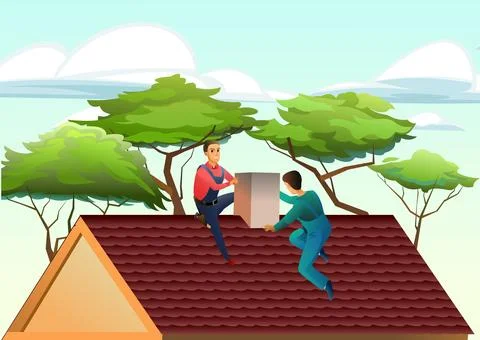 Workers work on roof. Two workers are repairing stove chimney on roof. Against Stock Illustration