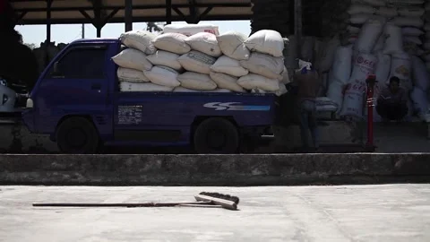 Workers work in a traditional rice mill Stock Footage 269769140