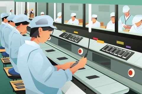 Workers Working in Phone Assembly Factory Illustration Stock Illustration
