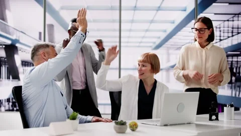 Workers At Workplace High Five. Office Collaboration Stock Footage 277904402