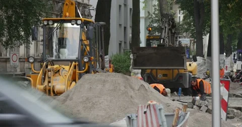 Workers in Workwear Two Yellow Excavators Flasher on Roof Driver Road Repair Stock Footage 54334542