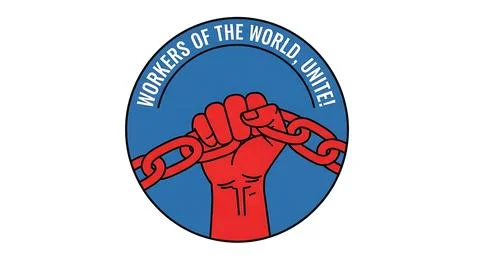Workers of the world unite vector, red fist breaking chains on blue circle .. Illustrazione stock