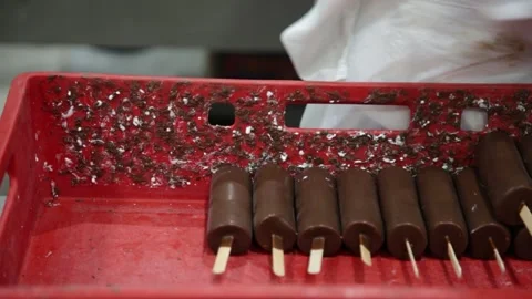 Workers wrap ice cream and put it on the conveyor Stock Footage 305188046