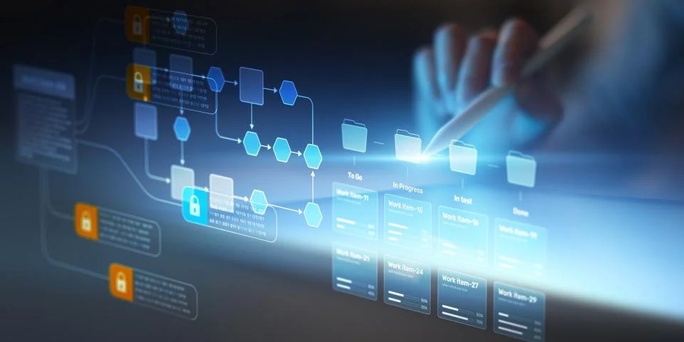 Workflow Automation and Data Management Process Visualization on Digital Inte Stock Photos