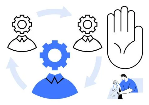 Workflow Automation and Process Management with Collaboration and Stop Gestur Stock Illustration