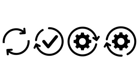 Workflow automation with arrows check mark and gear icons for system Illustrazione stock