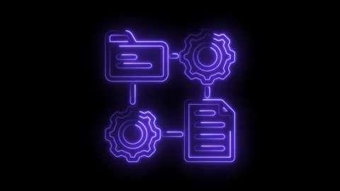 Workflow automation with glowing neon style icons for document management and Stock Footage 330781636