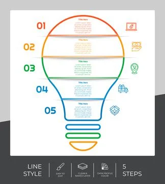 Workflow bulb infographic vector design with 5 steps and line design. Step in 스톡 일러스트