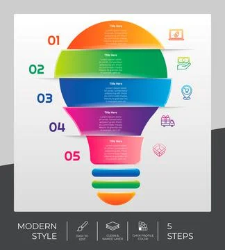 Workflow bulb infographic vector design with 5 steps and modern design. Step  Illustrazione stock