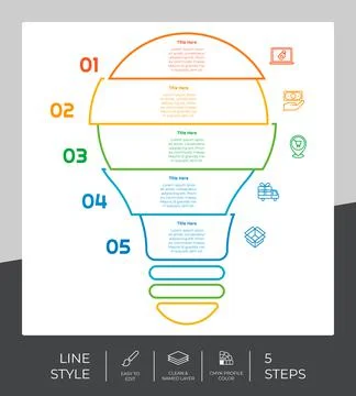 Workflow bulb infographic vector design with 5 steps and line design. Step in 스톡 일러스트