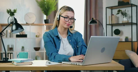 Workflow concept of charming positive hardworking purposeful young blond woman Stock Footage 158482115