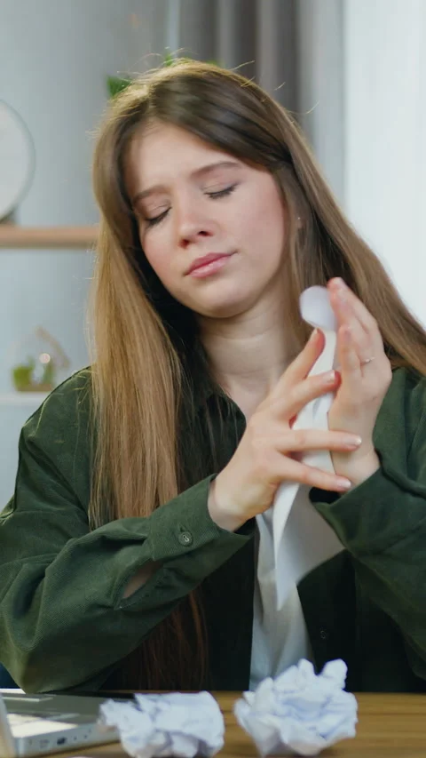 Workflow concept of good-looking upset confused 25-aged girl-programmer sitting  Stock Footage 328939858