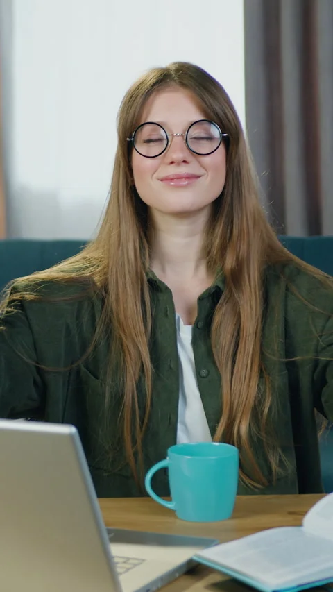 Workflow concept where attractive satisfied calm joyful 25-aged female freelance Stock Footage 326067157