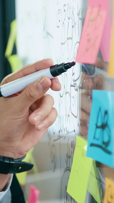 Workflow concept where unknown man working on glass board memo in office room re Stock Footage 329187560