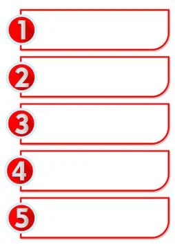 Workflow in five steps with numbers one, two, three, four, five stairs in red Stock Illustration