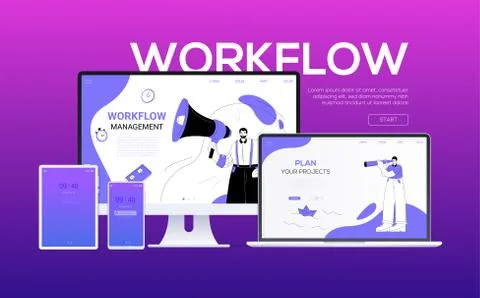 Workflow - flat design style colorful web banner Stock Illustration